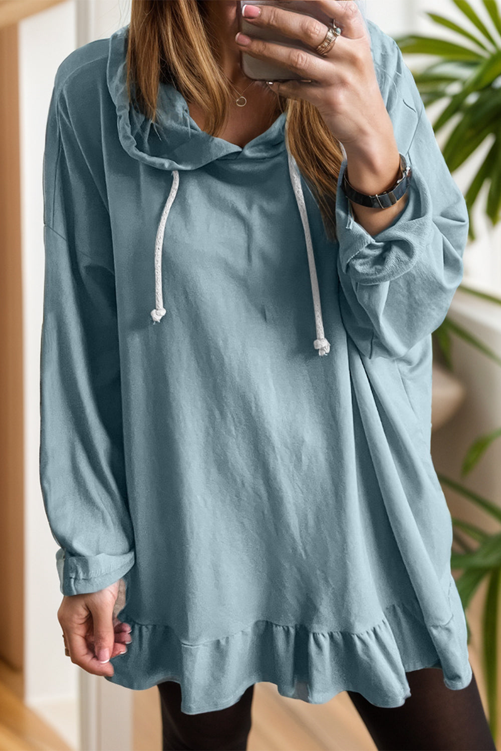 Drawstring Ruffled Dropped Shoulder Long Sleeve Hoodie - Charming Charlie