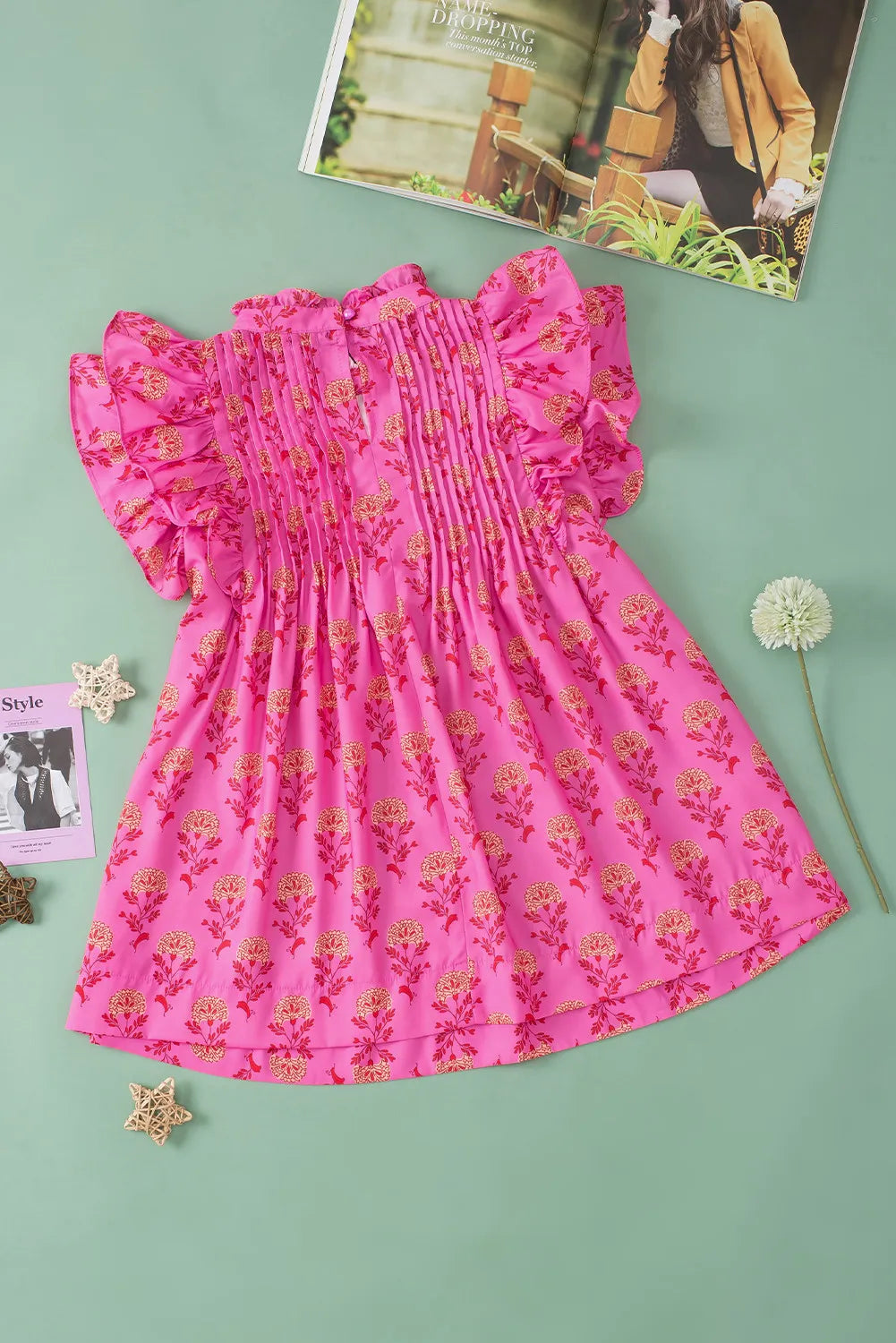 Ruffled Printed Mock Neck Cap Sleeve Blouse - Charming Charlie