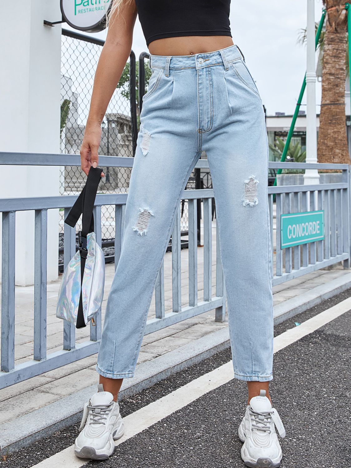 Distressed Straight Jeans with Pockets - Charming Charlie
