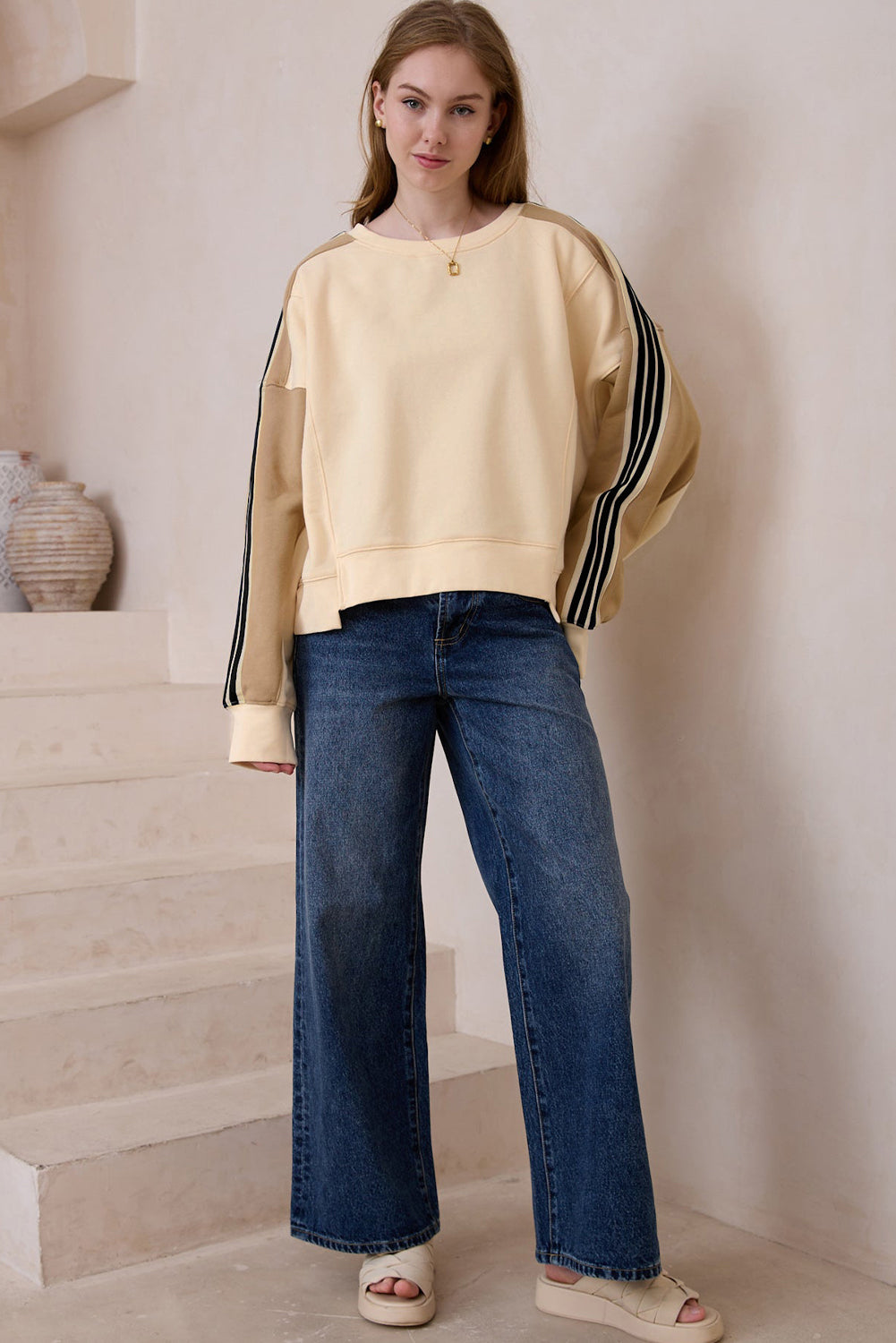 Contrast Round Neck Long Sleeve Sweatshirt - Charming Charlie