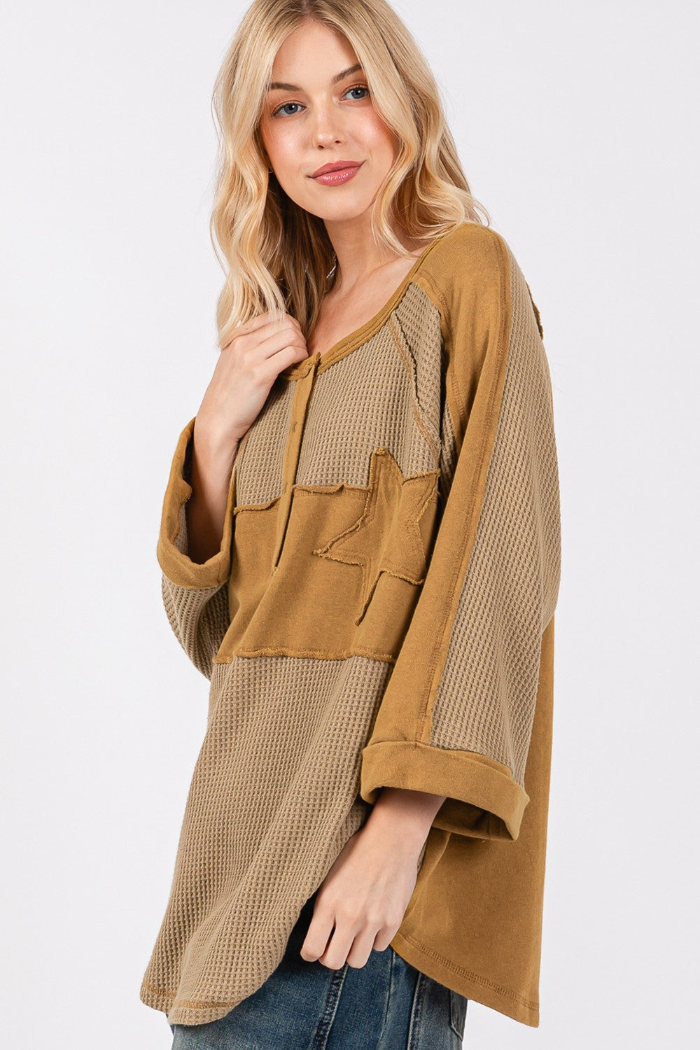 SAGE + FIG Star Applique Patch Exposed Seam Waffle Knit Top - Charming Charlie