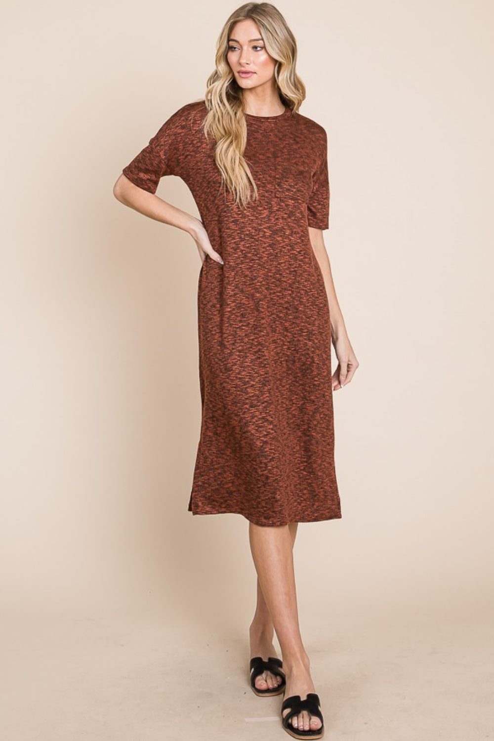 BOMBOM Round Neck Side Slit Midi Dress - Charming Charlie