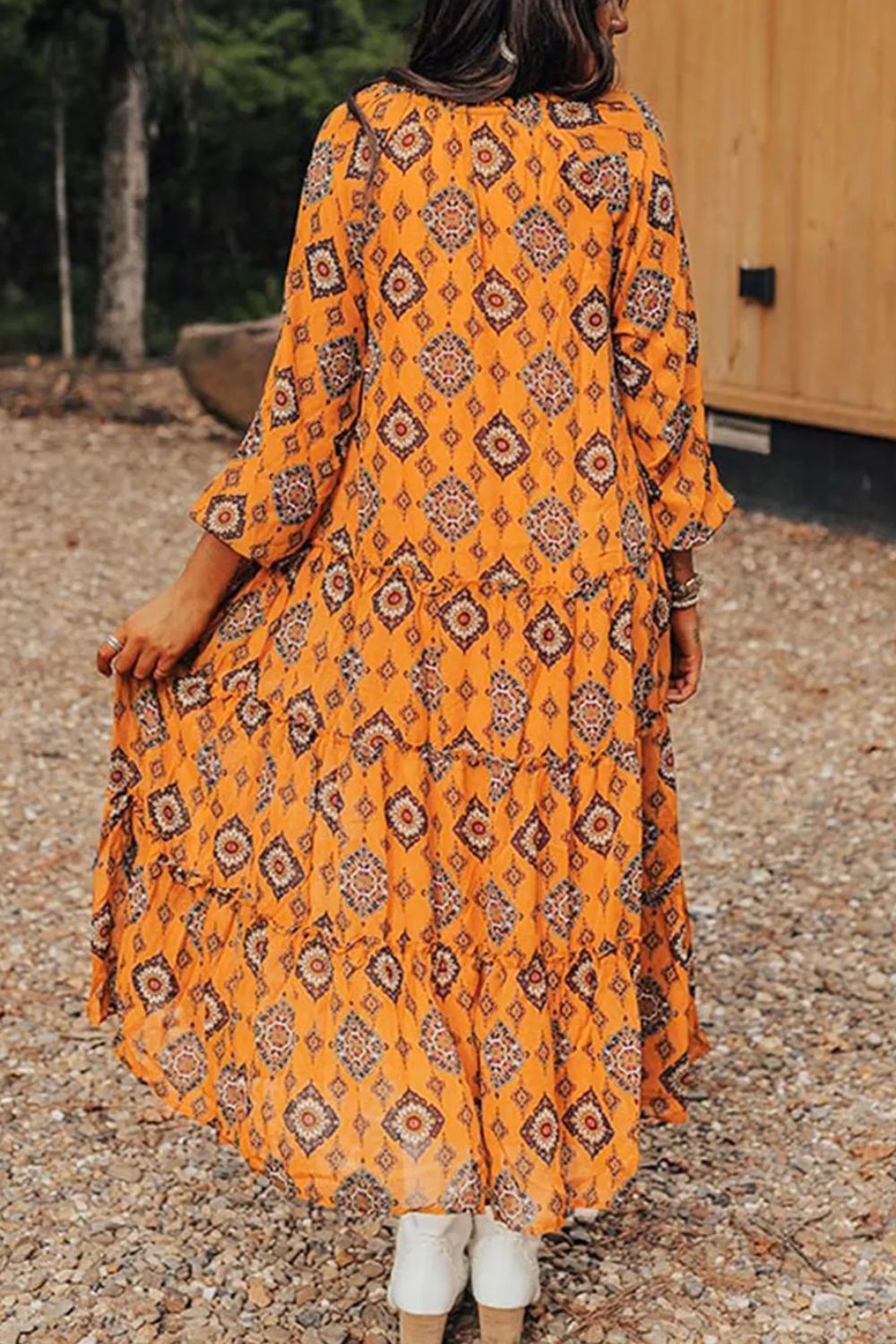 Frill Printed Tie Neck Long Sleeve Dress - Charming Charlie