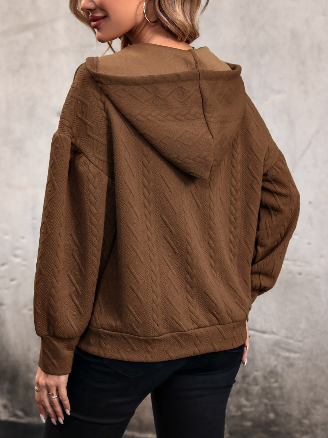 Drawstring Dropped Shoulder Long Sleeve Hoodie - Charming Charlie