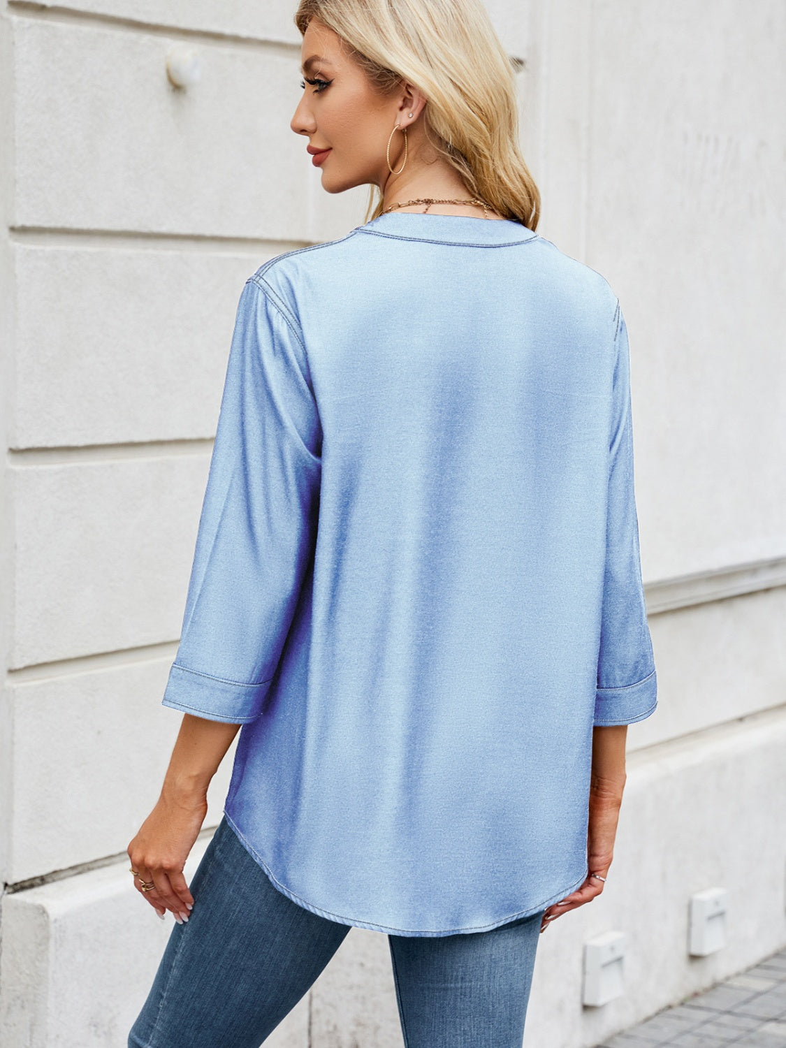 Notched Three-Quarter Sleeve Denim Top - Charming Charlie