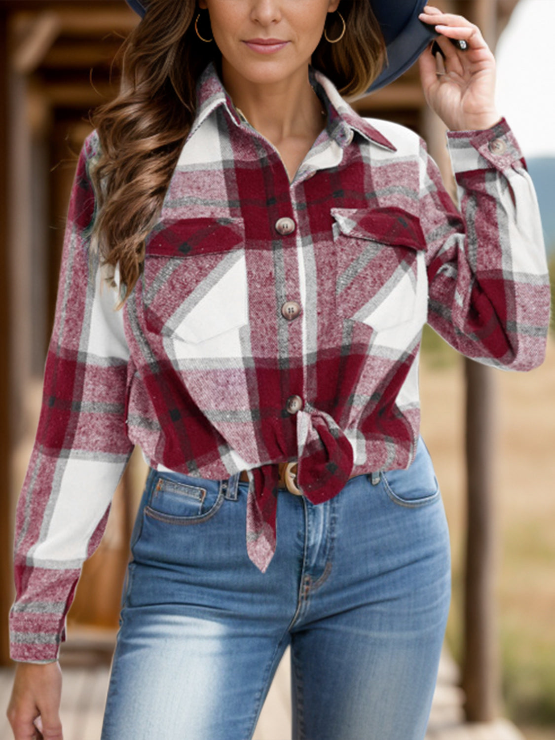 Full Size Pocketed Plaid Collared Neck Shacket - Charming Charlie