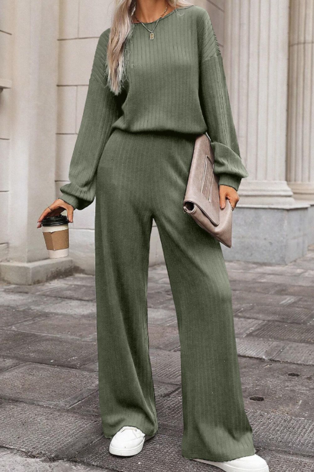 Round Neck Long Sleeve Jumpsuit - Charming Charlie