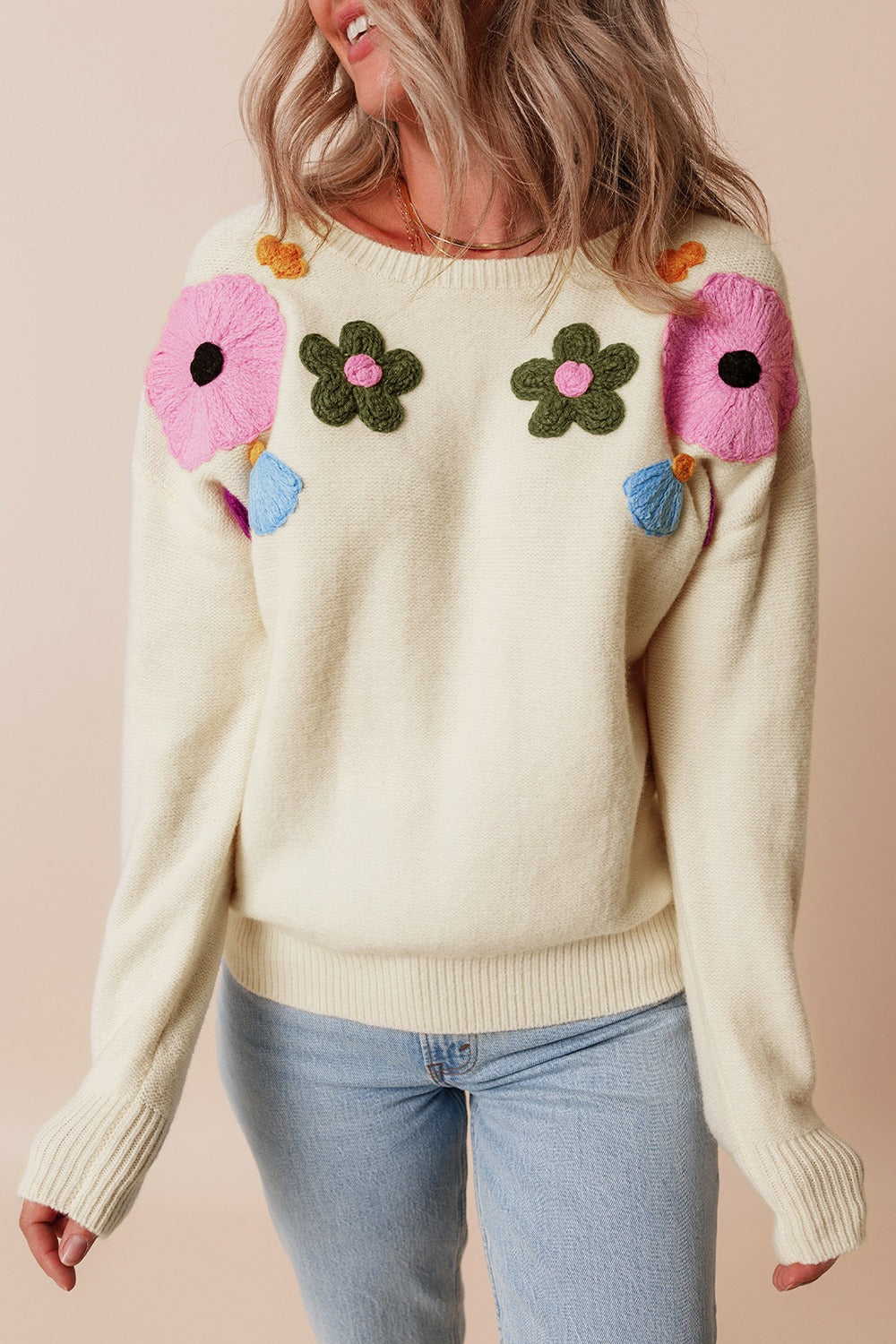 Crochet Flower Round Neck Dropped Shoulder Sweater - Charming Charlie