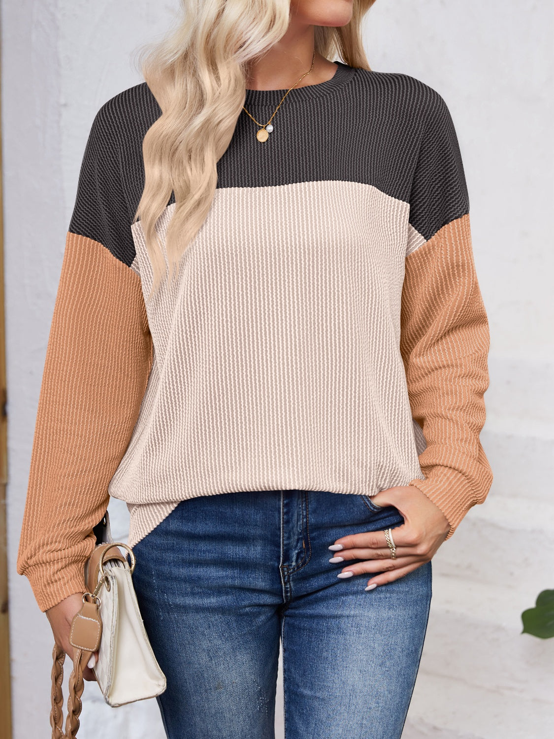 Color Block Round Neck Long Sleeve Sweatshirt - Charming Charlie