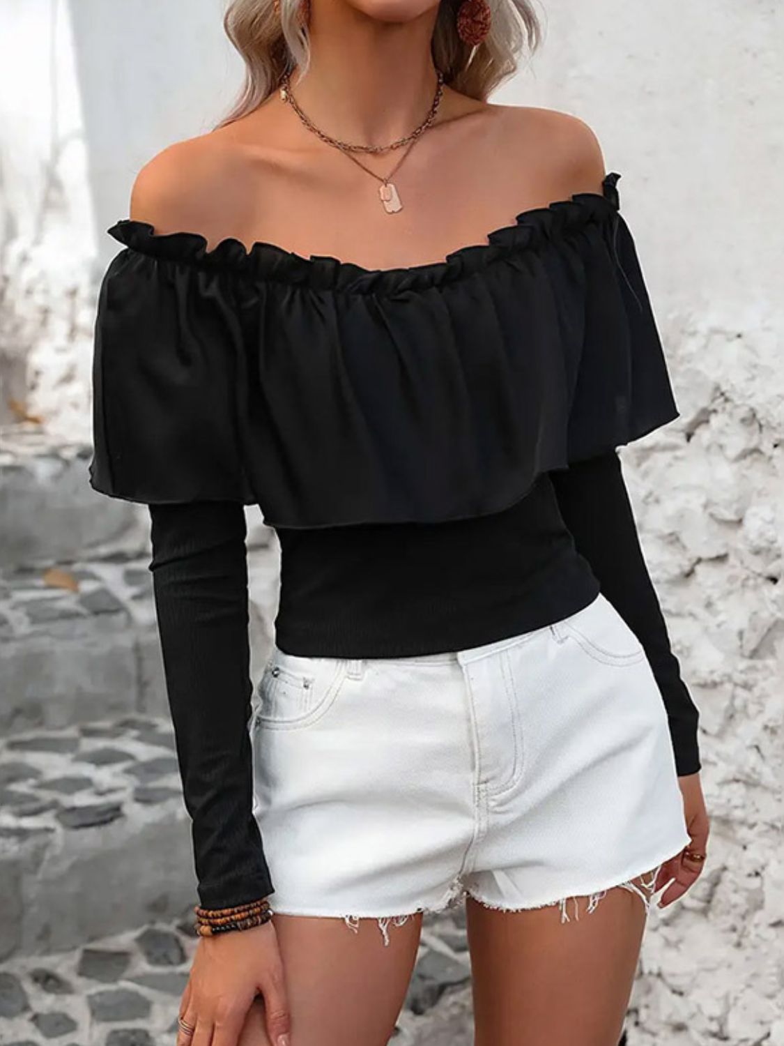Ruffled Off-Shoulder Long Sleeve Blouse - Charming Charlie