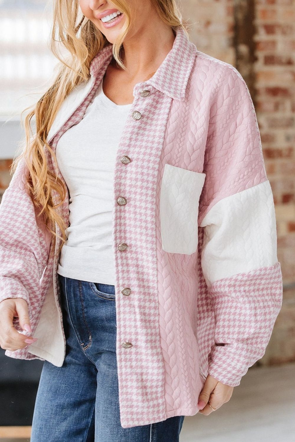 Color Block Houndstooth Collared Neck Shacket - Charming Charlie