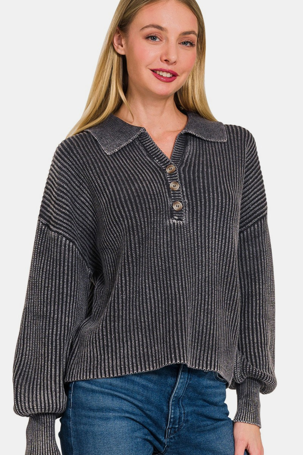 Zenana Washed Half Button Long Sleeve Sweater - Charming Charlie