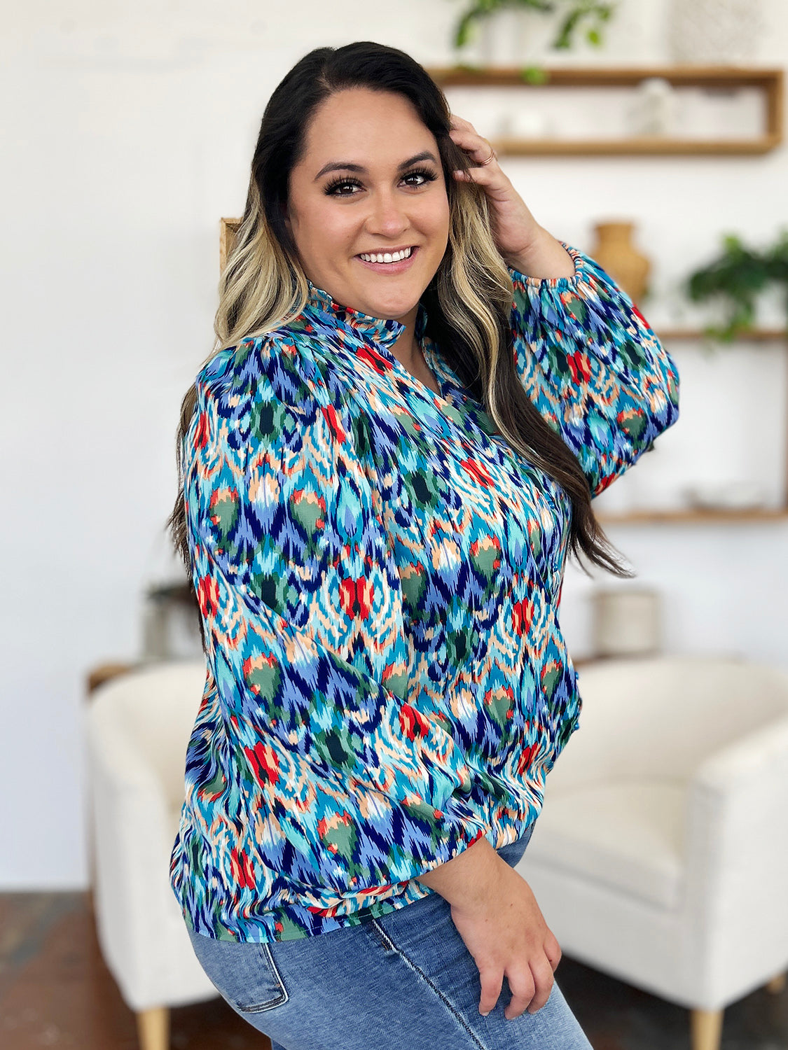 Double Take Full Size Printed Balloon Sleeve Blouse - Charming Charlie