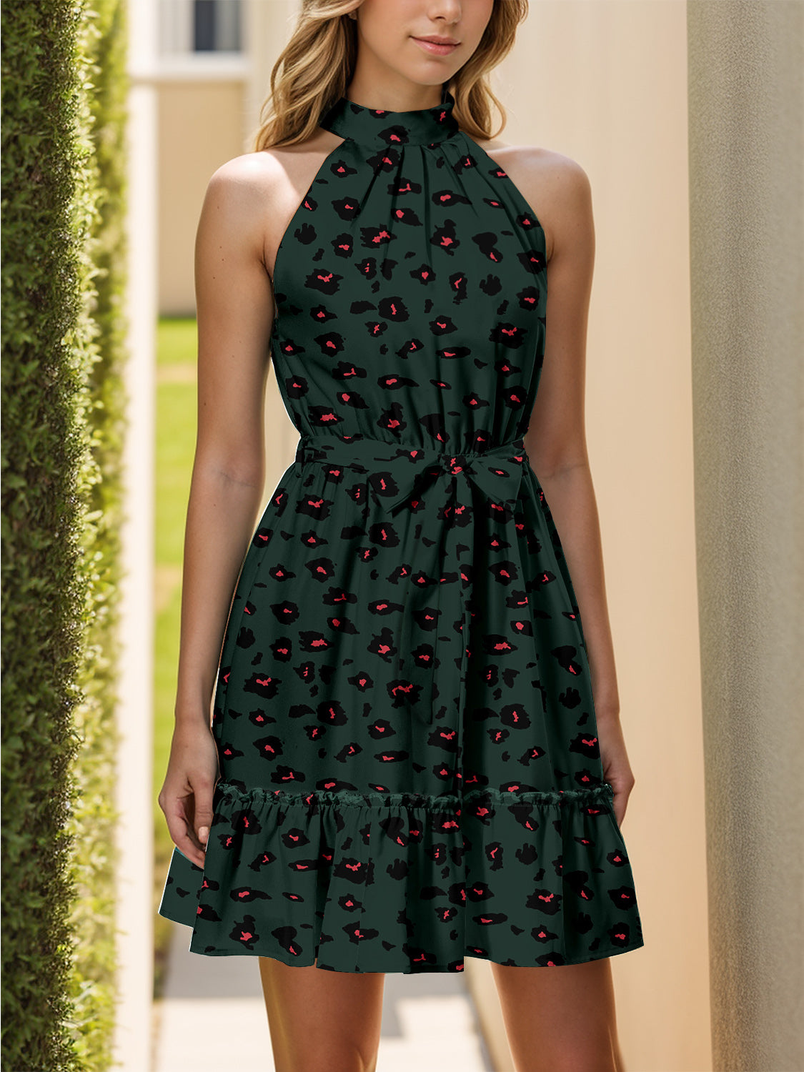 Frill Grecian Neck Tie Waist Mini Dress - Charming Charlie