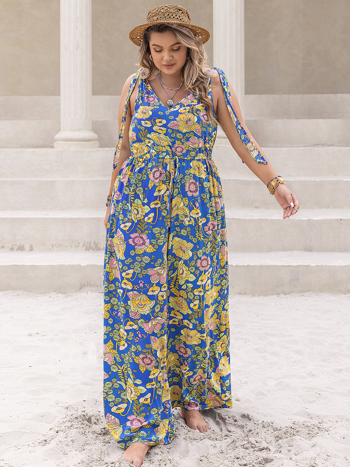 Plus Size Printed V-Neck Wide Leg Jumpsuit - Charming Charlie