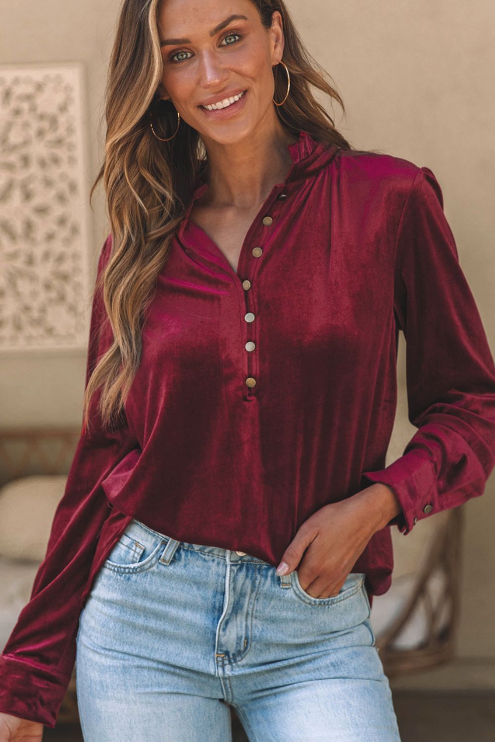 Frill Half Button Mock Neck Long Sleeve Blouse - Charming Charlie