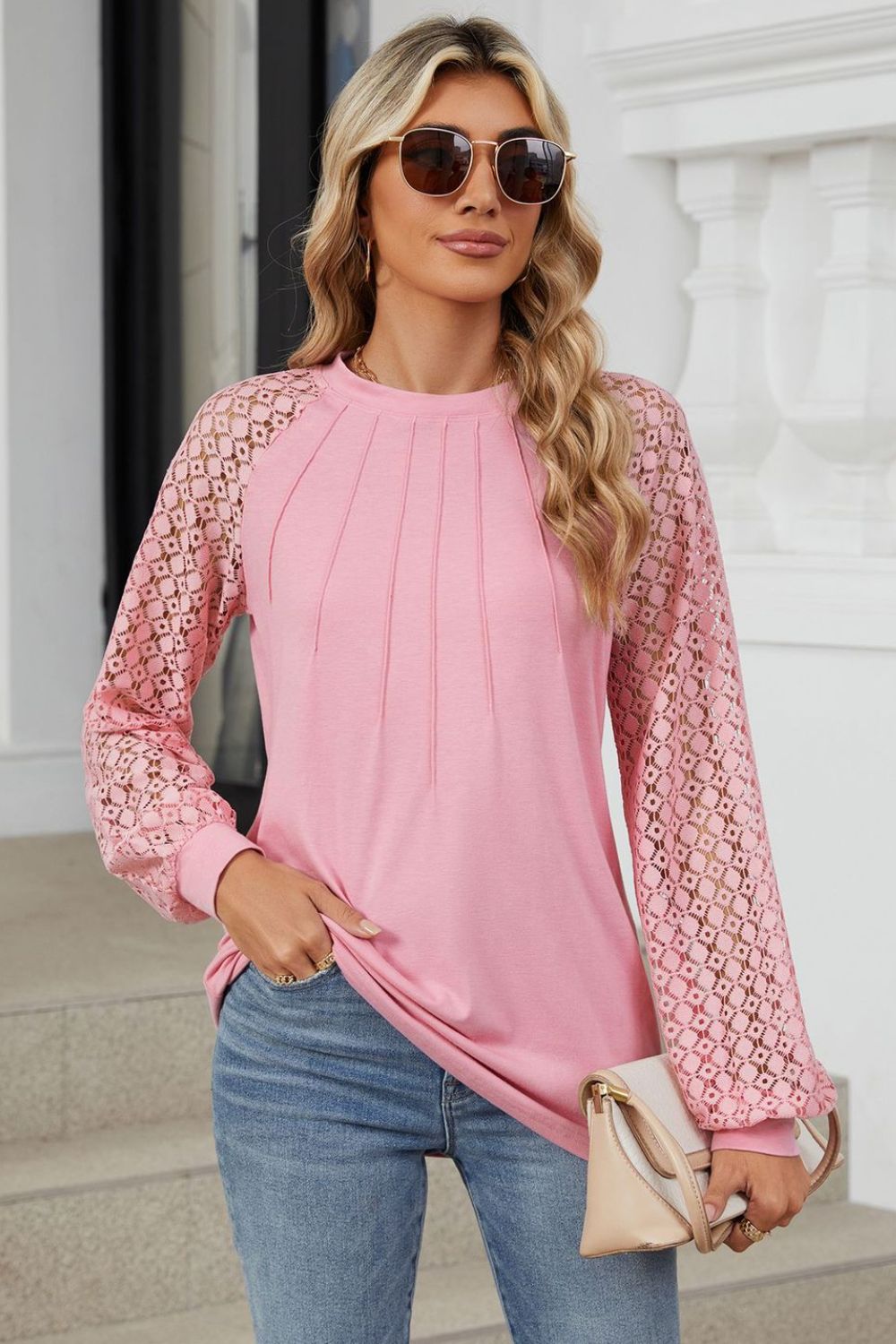 Round Neck Lace Long Sleeve Top - Charming Charlie