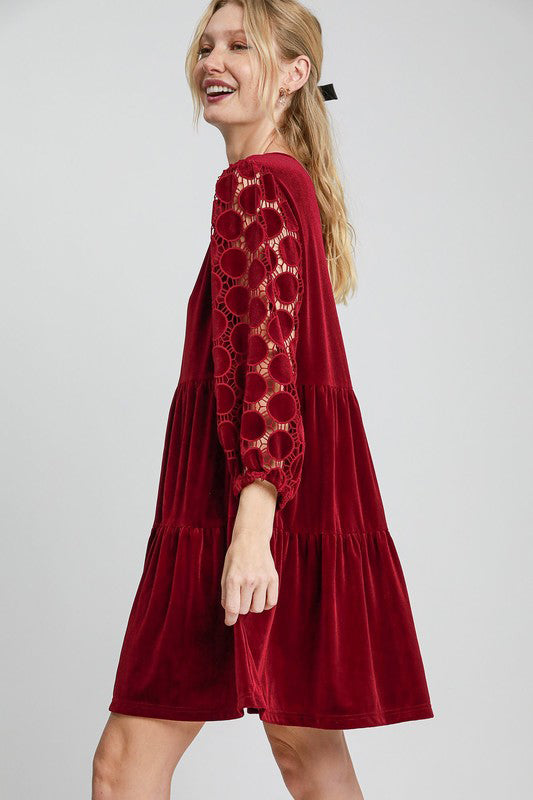 Umgee Dotted Lace Sleeve Tiered Velvet Mini Dress - Charming Charlie
