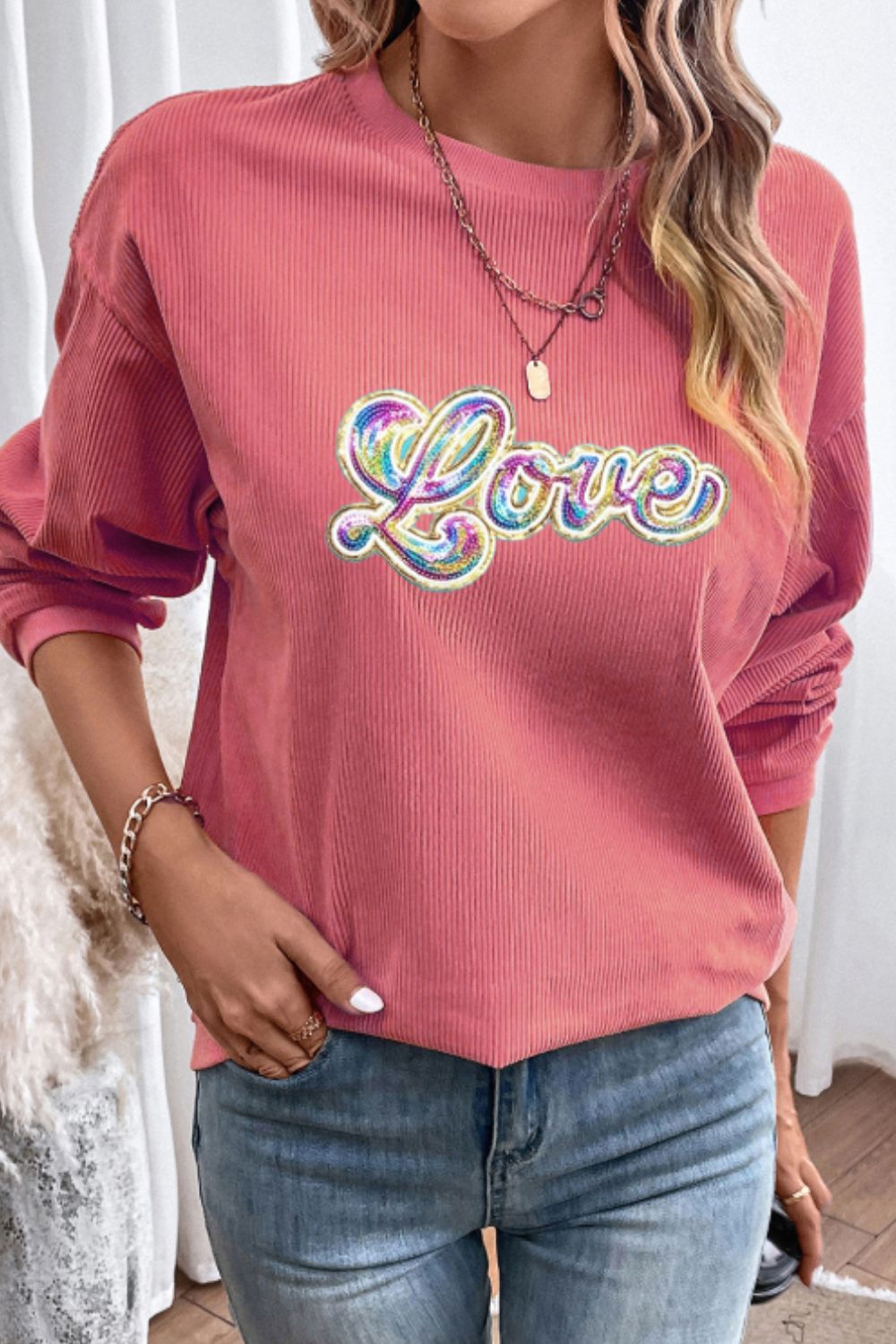 Valentine's Day LOVE Round Neck Long Sleeve Sweatshirt - Charming Charlie