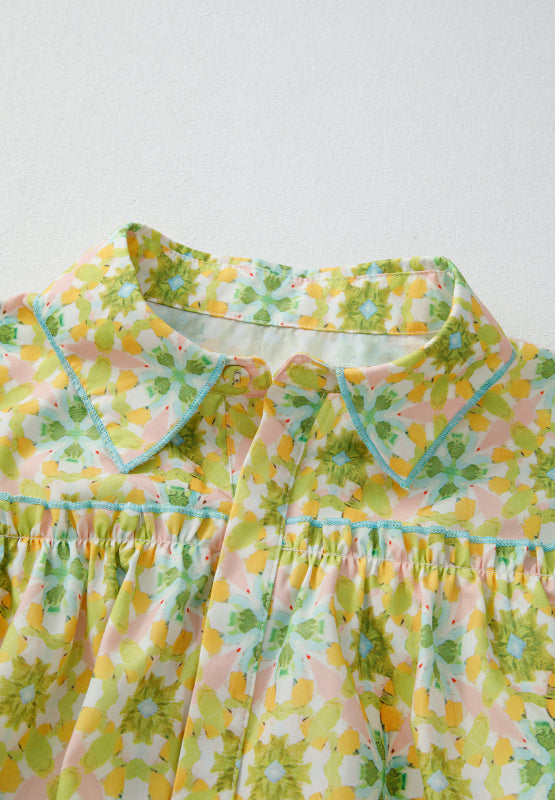 Frill Printed Collared Neck Long Sleeve Blouse - Charming Charlie
