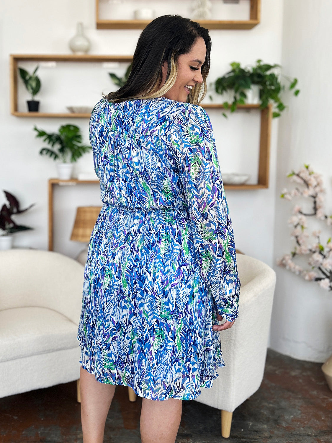 Double Take Full Size Printed Drawstring Waist Long Sleeve Dress - Charming Charlie