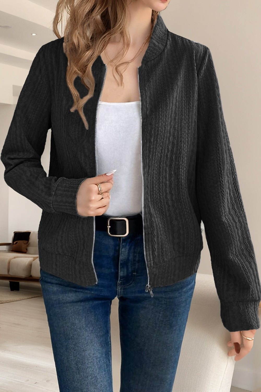 Baseball Collar Zip Up Long Sleeve Jacket - Charming Charlie