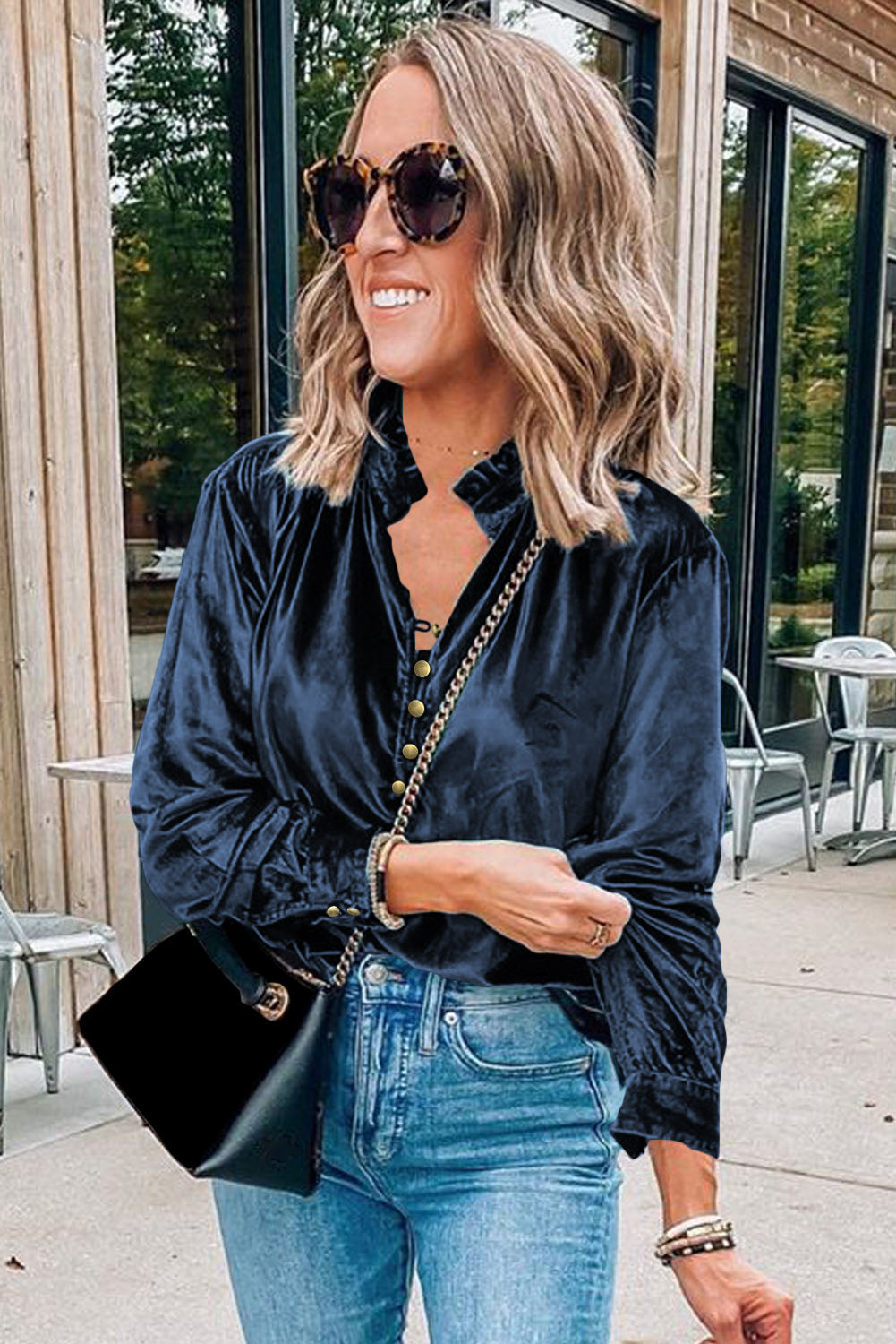 Frill Half Button Mock Neck Long Sleeve Blouse - Charming Charlie