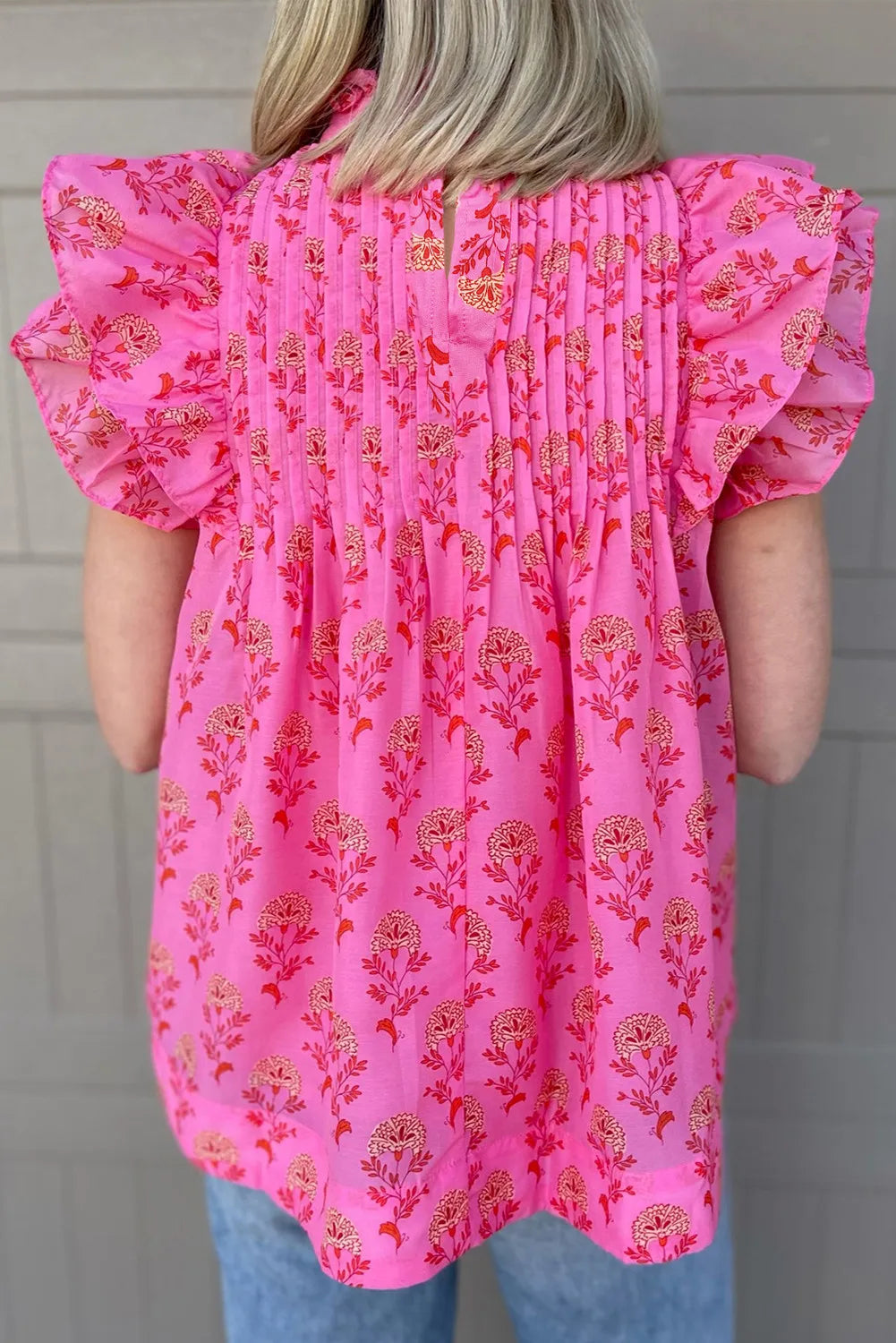Ruffled Printed Mock Neck Cap Sleeve Blouse - Charming Charlie
