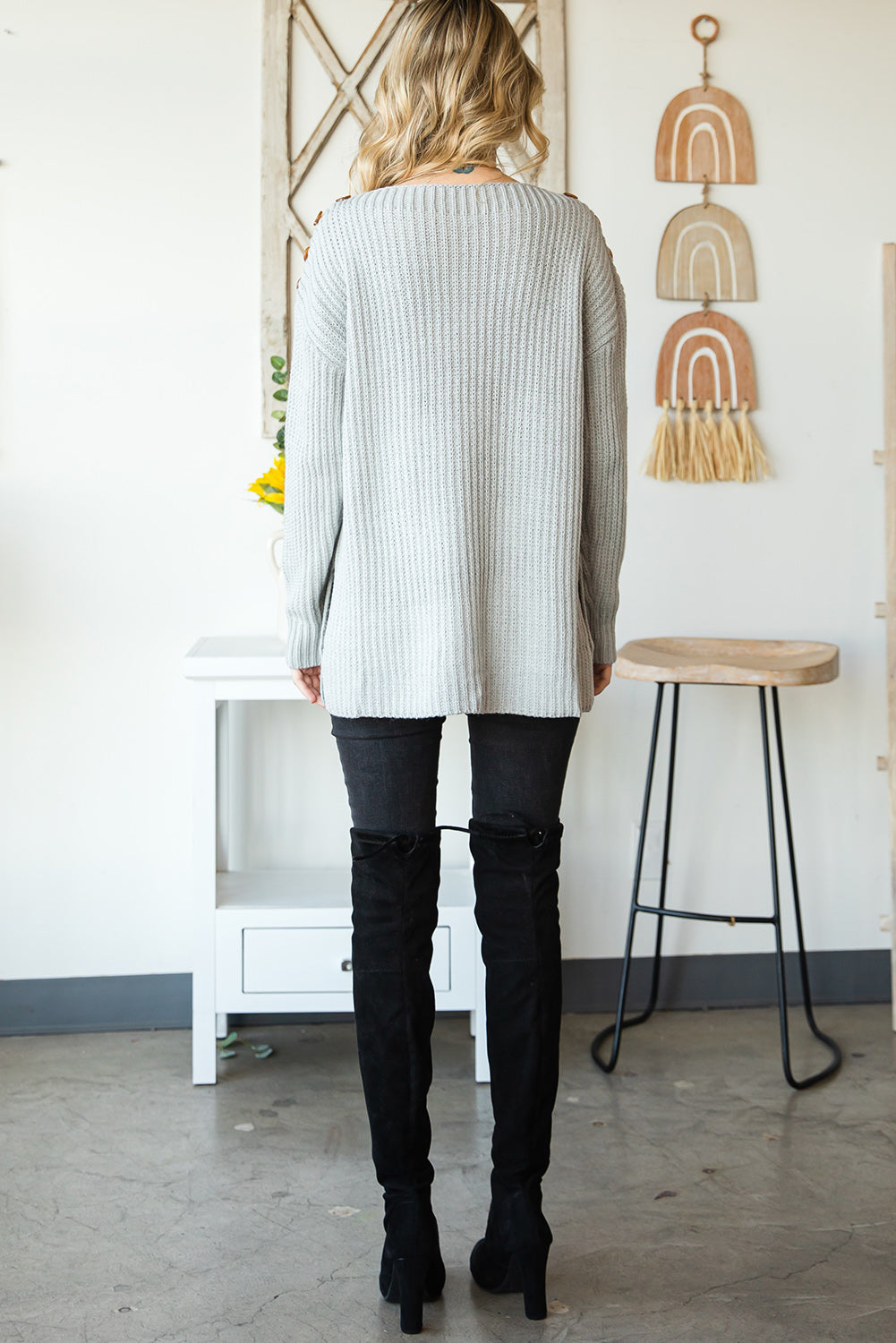 Side Slit Boat Neck Long Sleeve Sweater - Charming Charlie