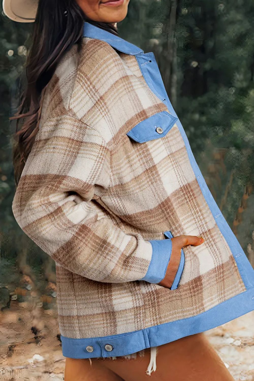 Contrast Trim Plaid Collared Neck Shacket - Charming Charlie
