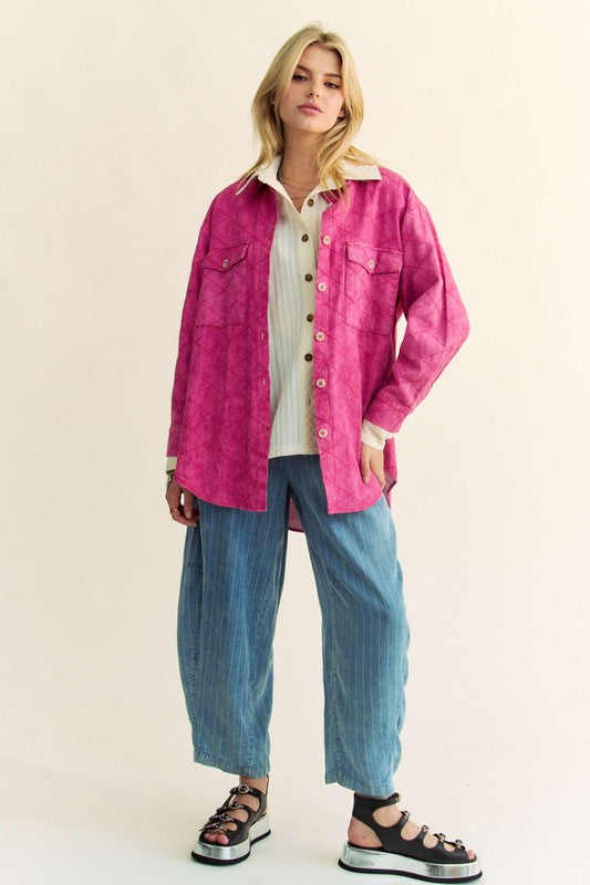 Davi & Dani Curved Hem Diamond Quilted Button Up Denim Shacket - Charming Charlie