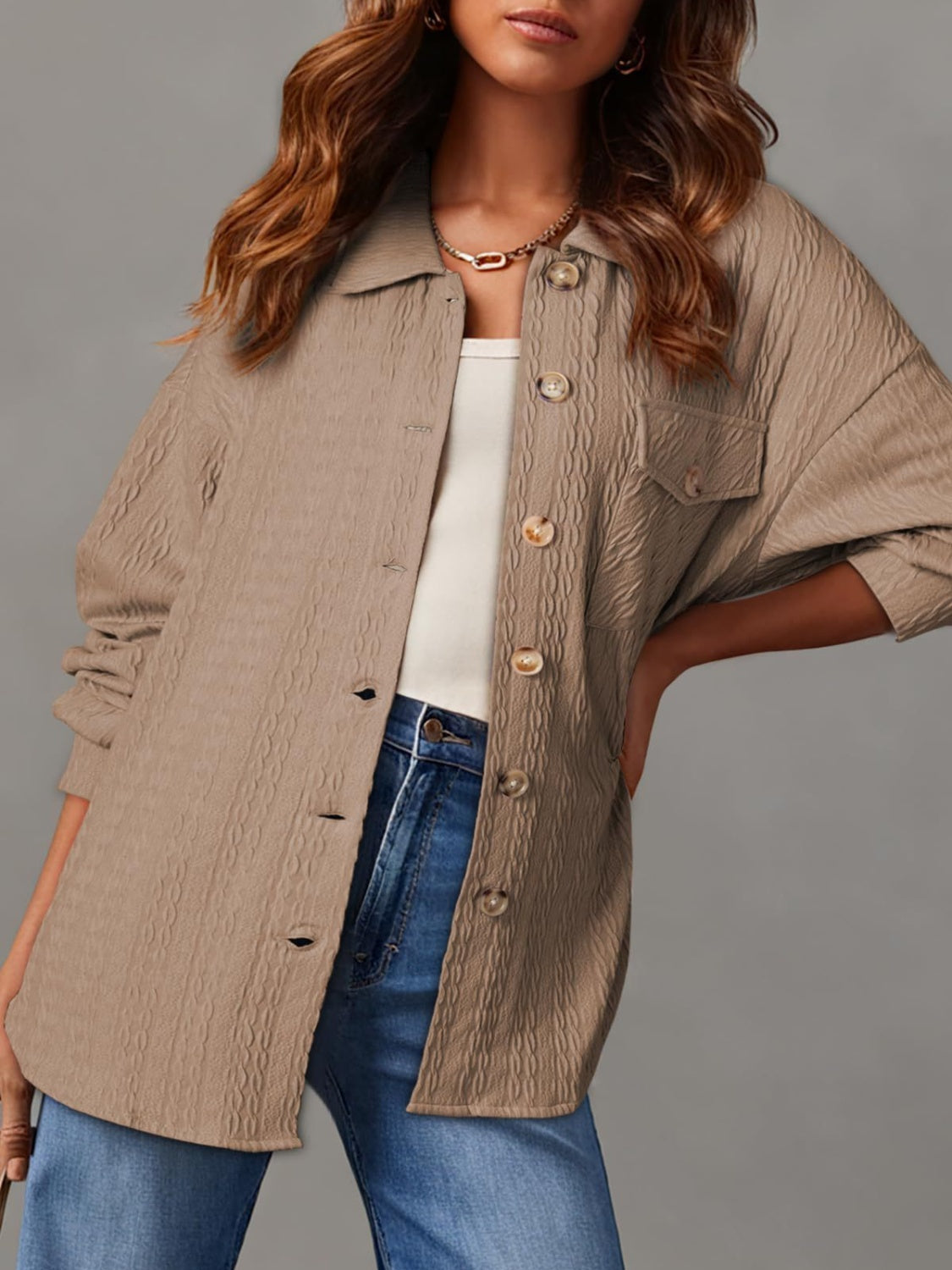 Textured Button Up Long Sleeve Shacket - Charming Charlie