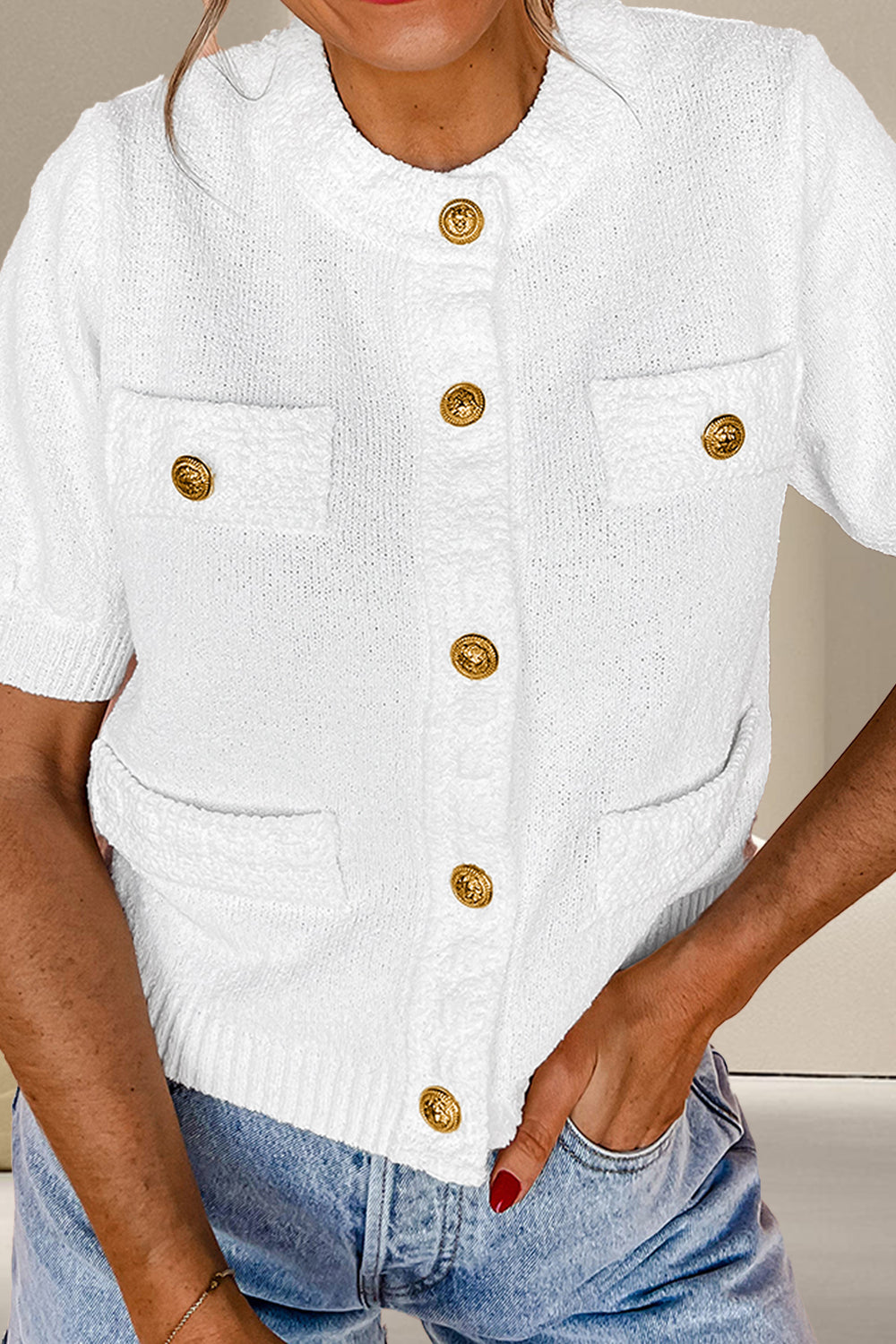 Button Up Round Neck Short Sleeve Knit Top - Charming Charlie