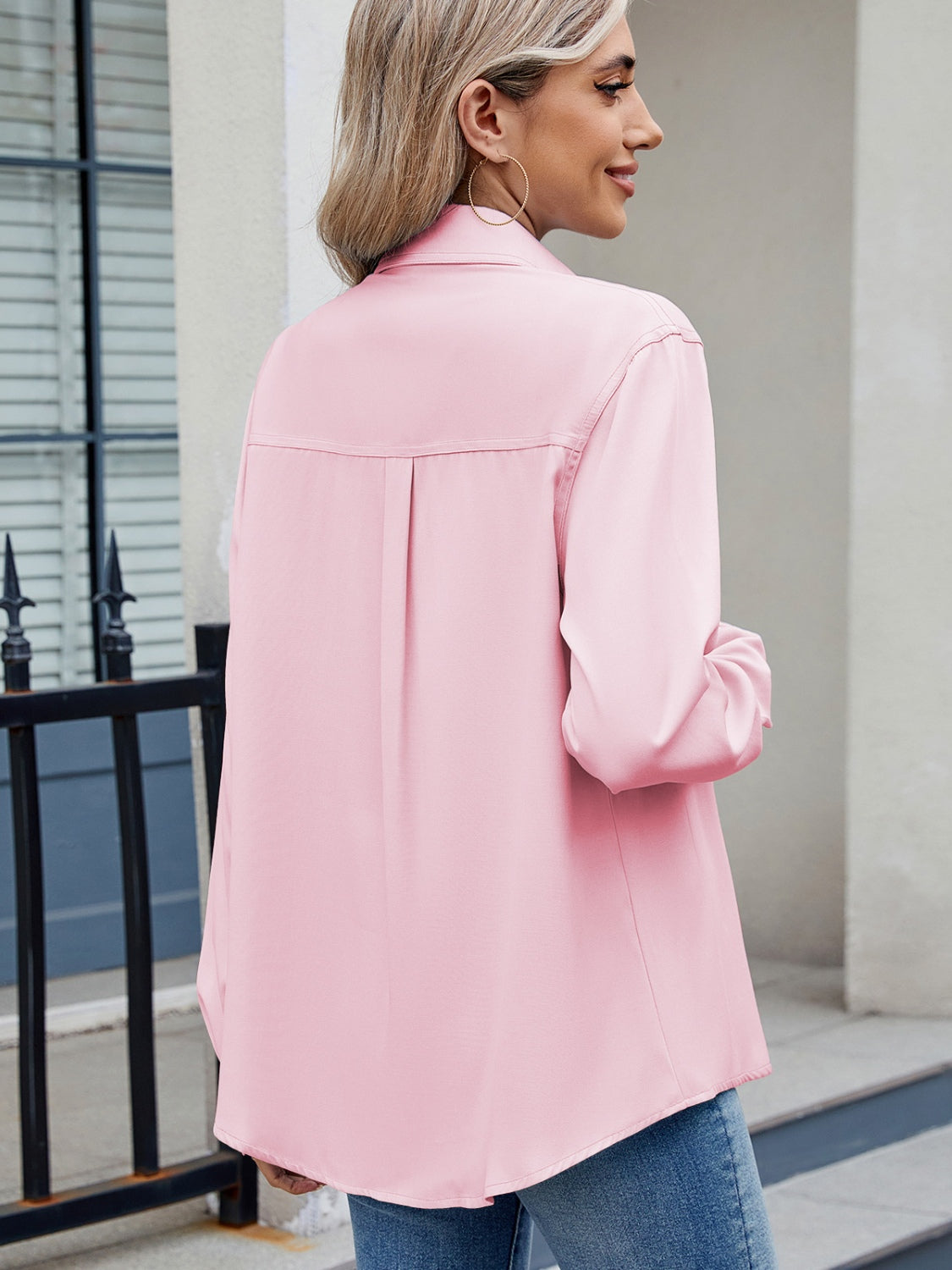 Solid Color Collared Neck Long Sleeve Shirt - Charming Charlie