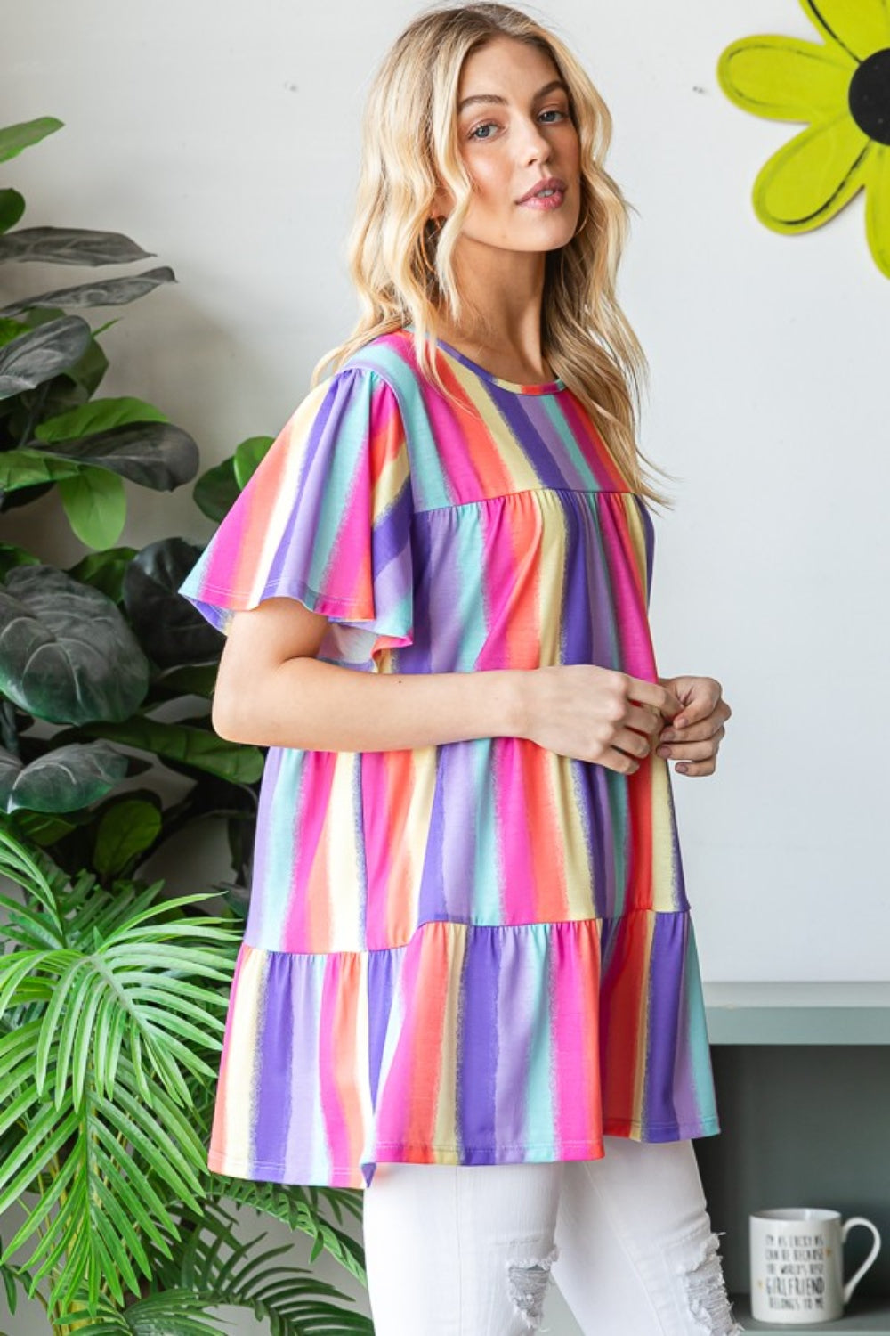 Heimish Full Size Short Sleeve Striped Tiered Top - Charming Charlie
