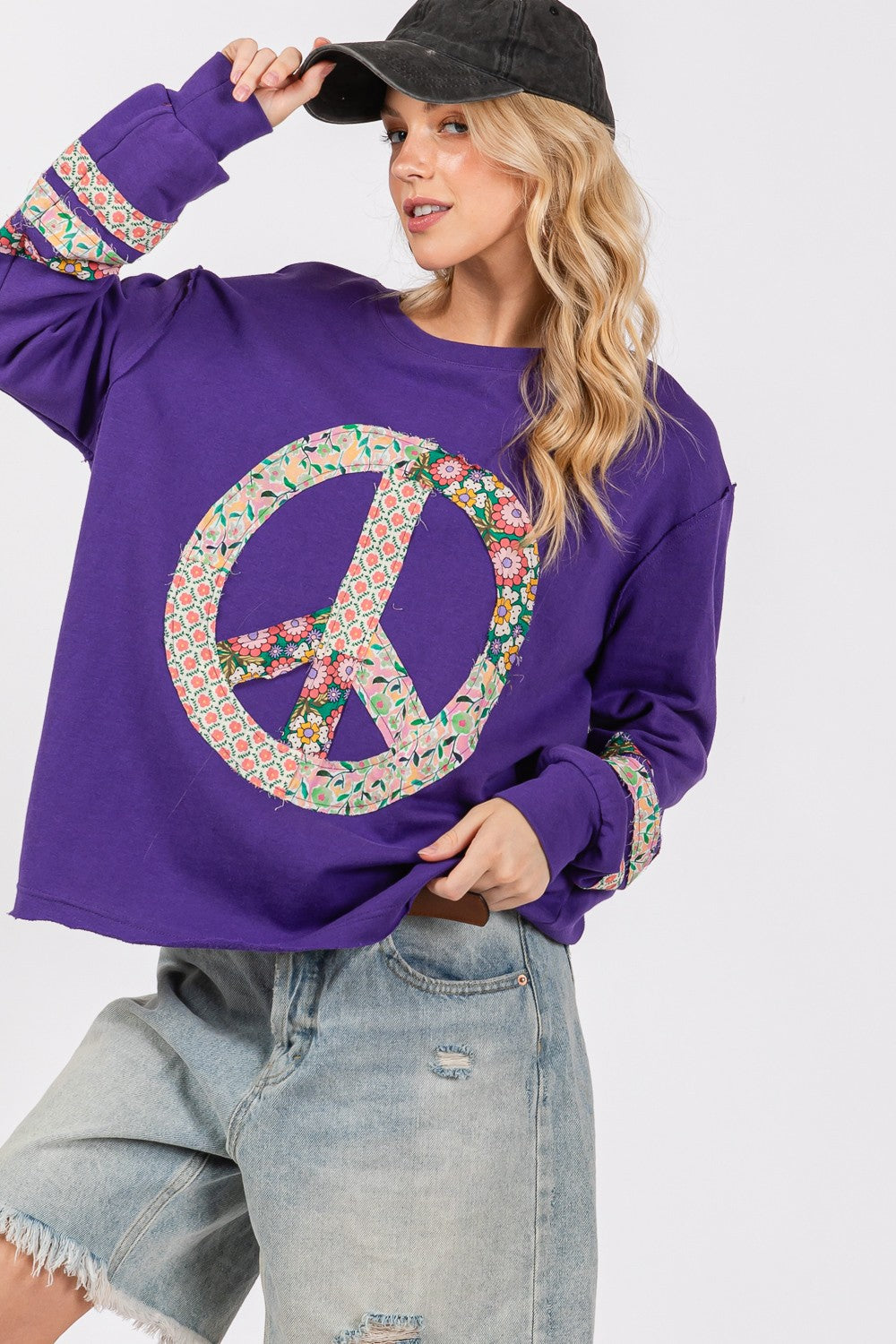 SAGE+FIG Peace Applique Patch Long Sleeve Top - Charming Charlie