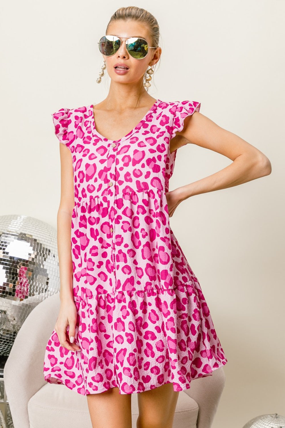 BiBi Leopard Cap Sleeve Tiered Mini Dress - Charming Charlie