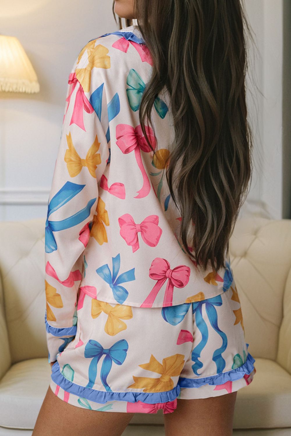 Bow Print Collared Neck Top and Shorts Lounge Set - Charming Charlie