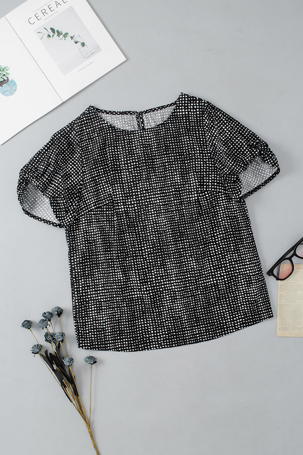Printed Round Neck Short Sleeve Blouse - Charming Charlie