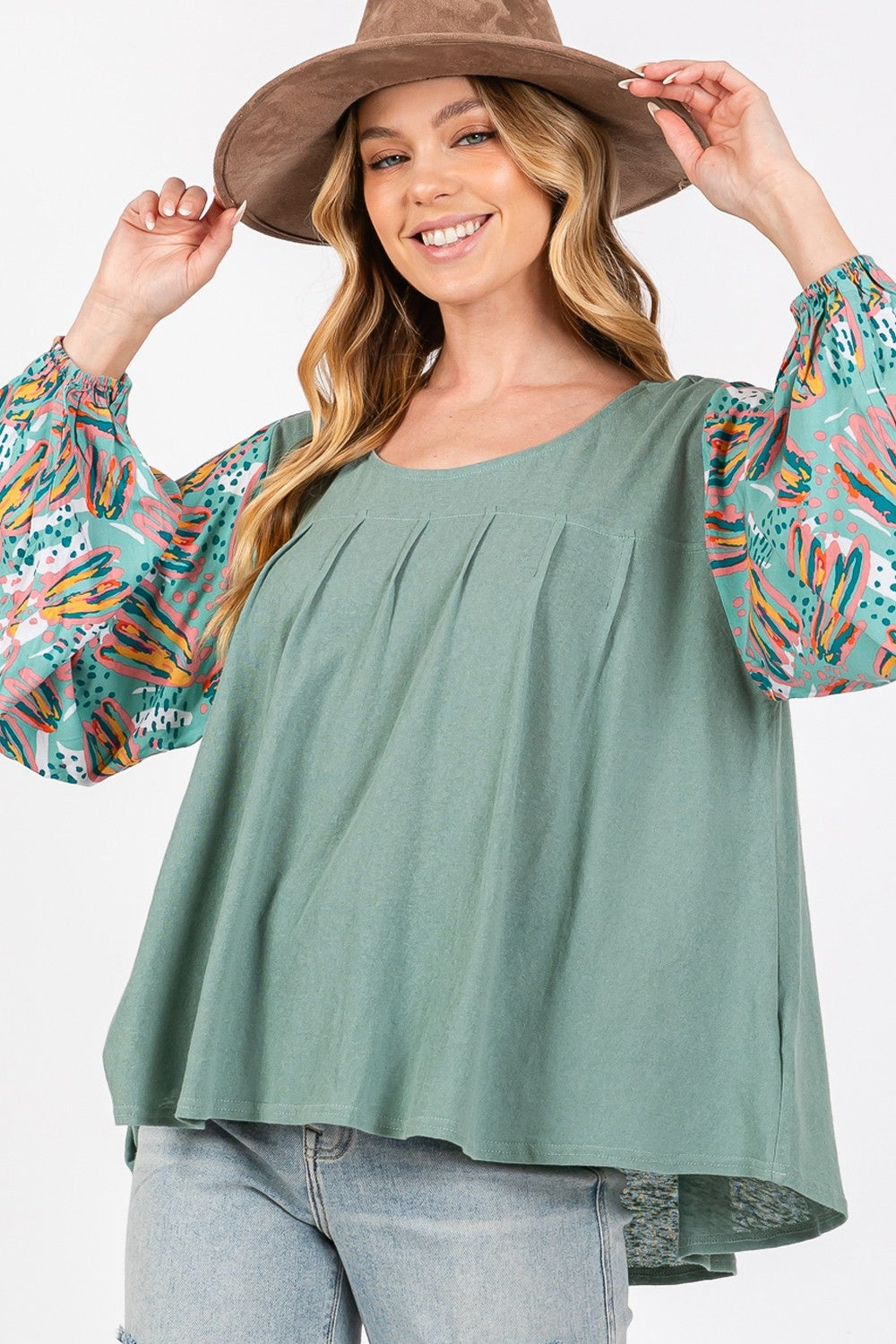 SAGE + FIG Ruched Round Neck Printed Bubble Sleeve Top - Charming Charlie