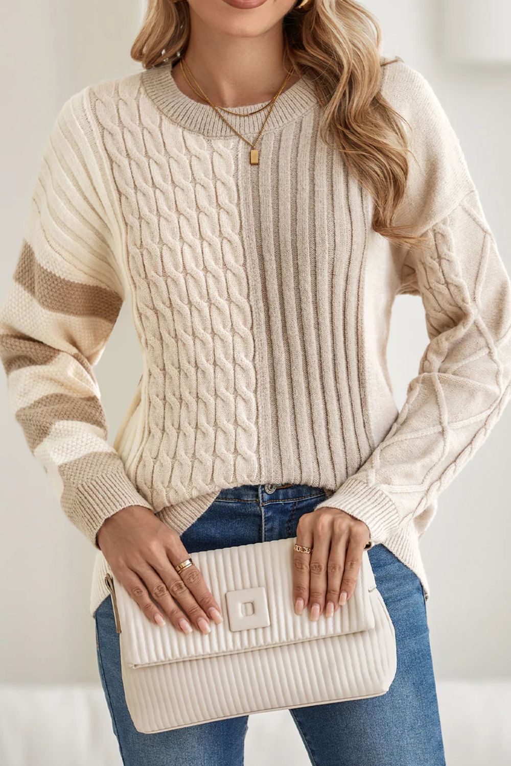Cable-Knit Color Block Round Neck Sweater - Charming Charlie