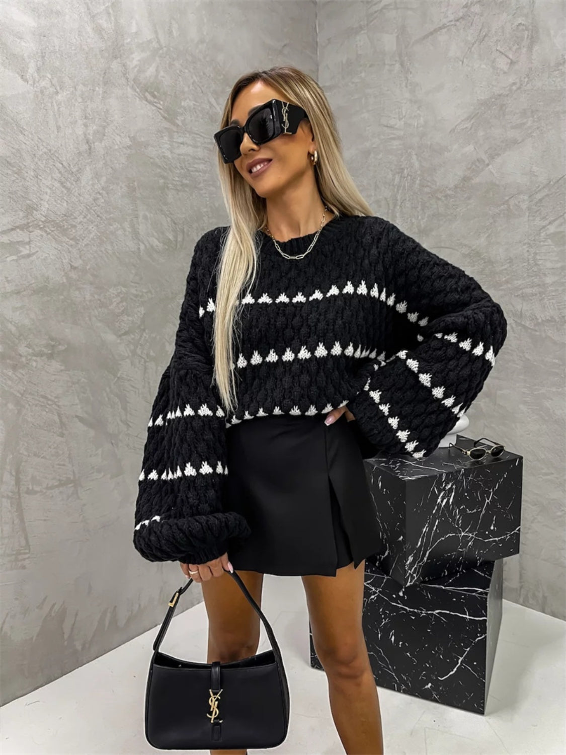 Contrast Round Neck Long Sleeve Sweater - Charming Charlie