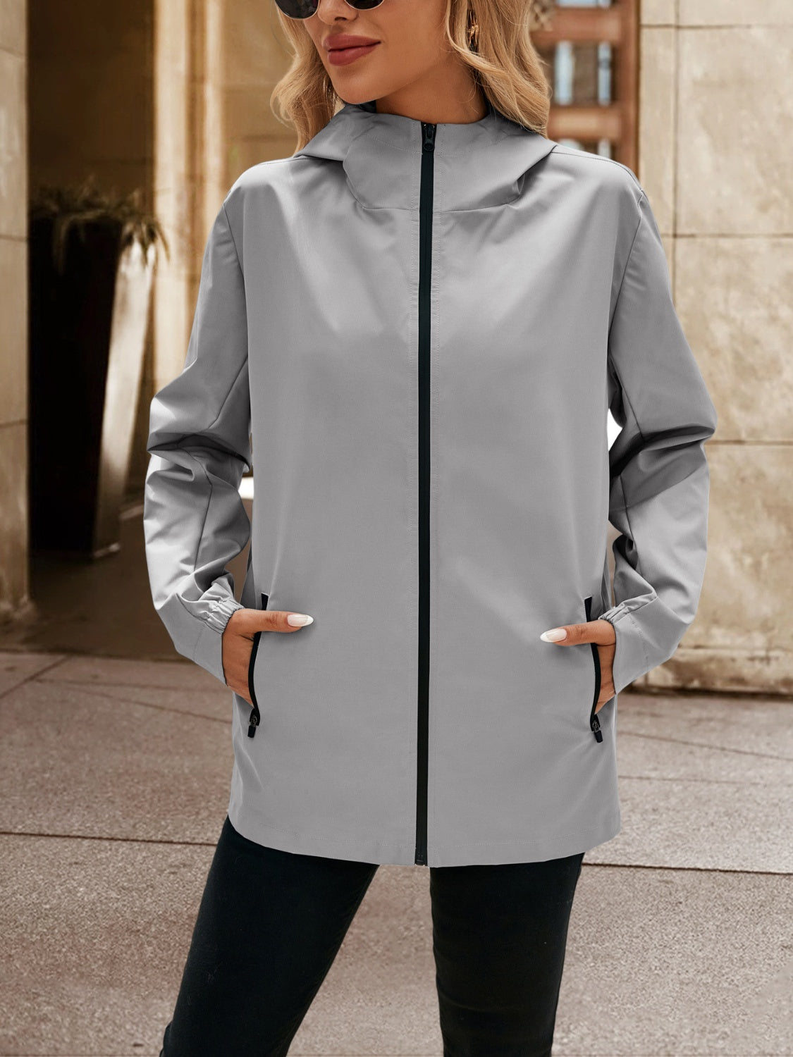 Pocketed Zip Up Hooded Jacket - Charming Charlie