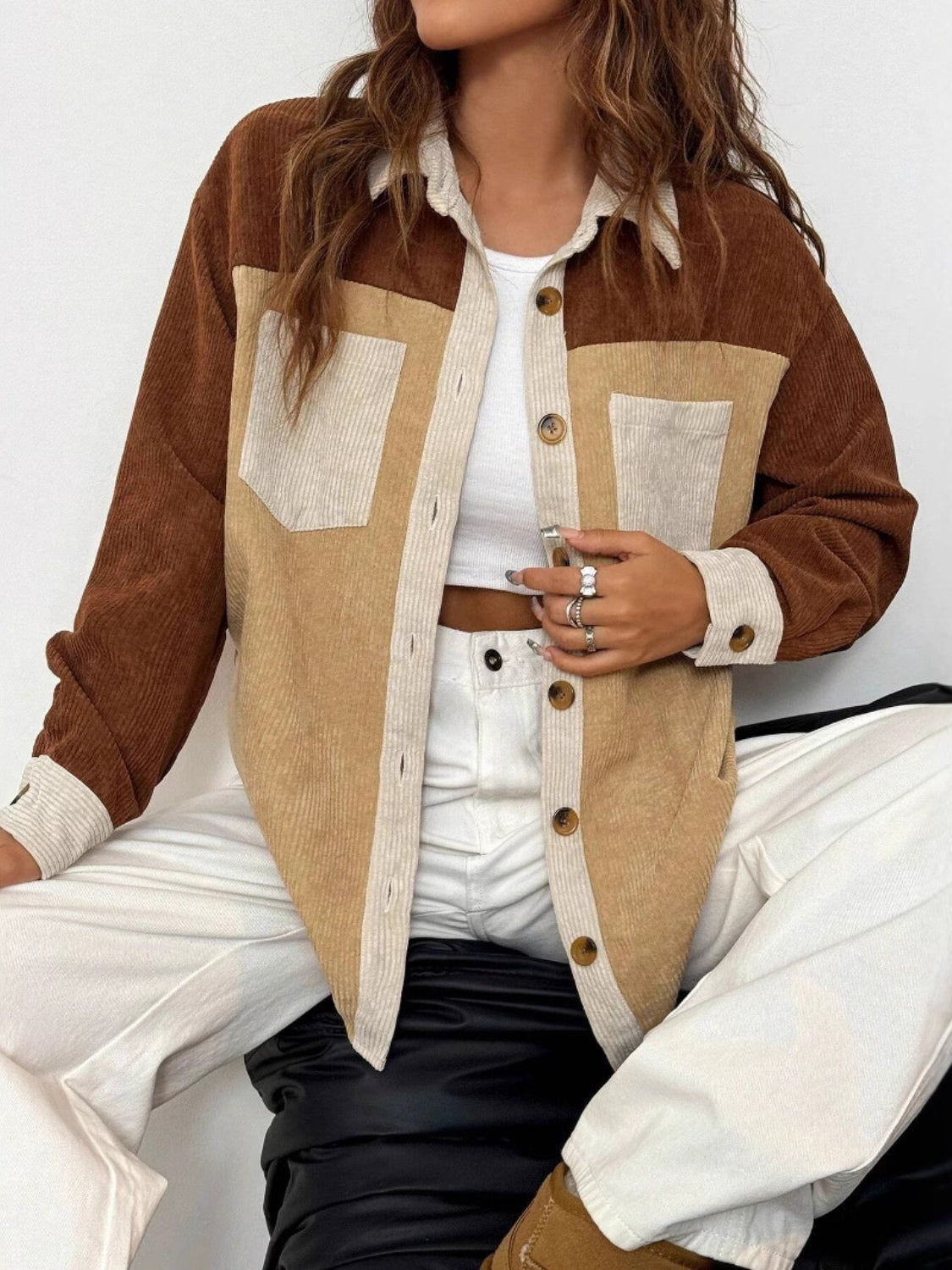 Color Block Collared Neck Long Sleeve Shirt - Charming Charlie
