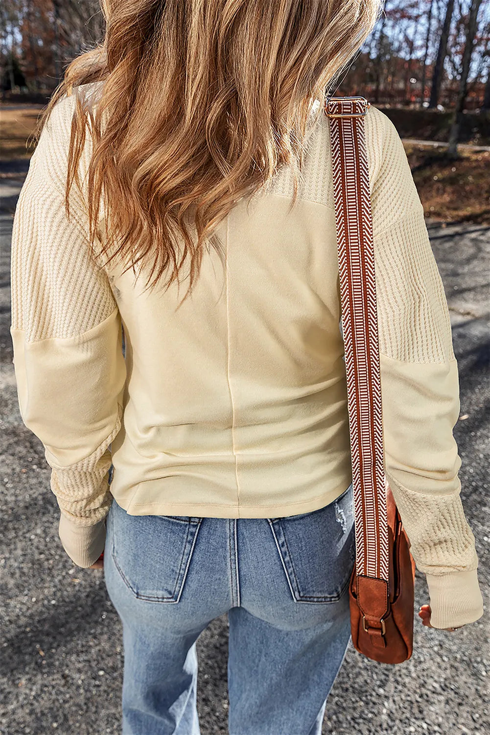 Waffle-Knit Round Neck Long Sleeve Top - Charming Charlie