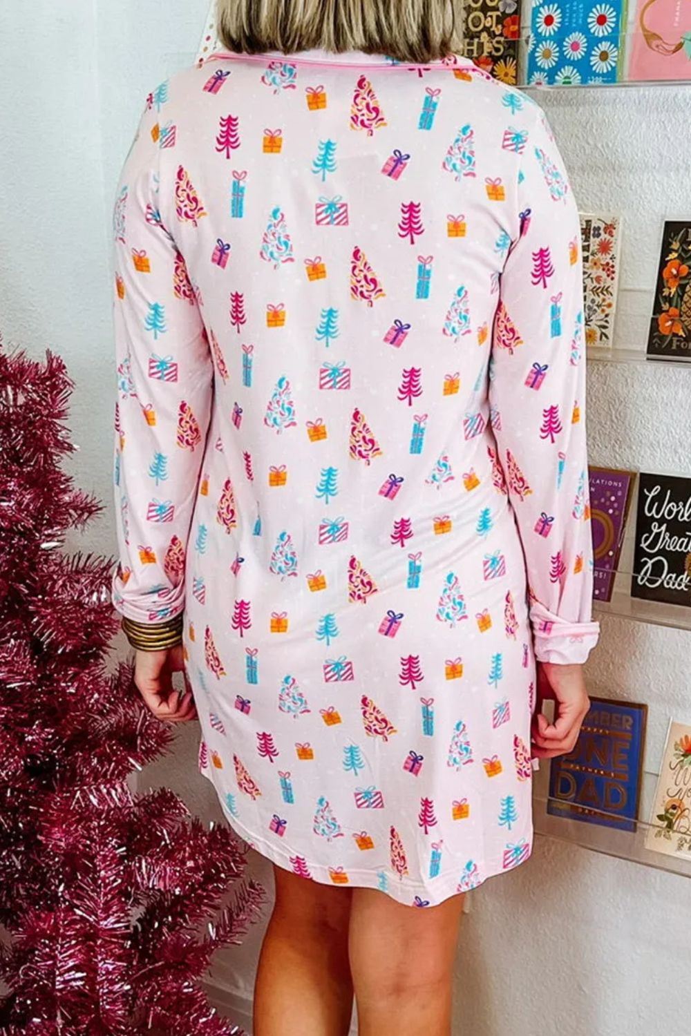 Printed Collared Neck Long Sleeve Lounge Dress - Charming Charlie