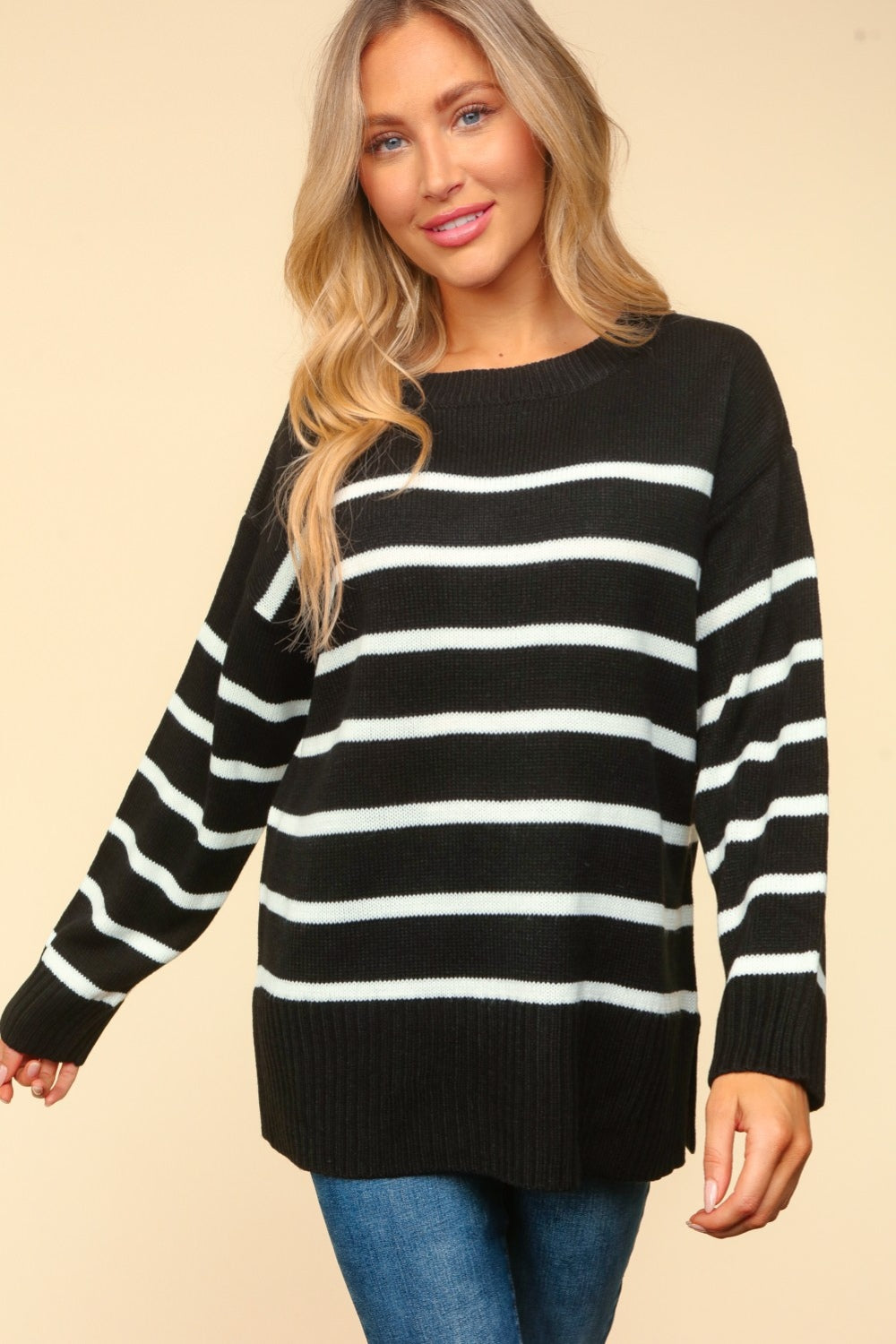 Haptics Full Size Striped Contrast Side Slit Sweater - Charming Charlie
