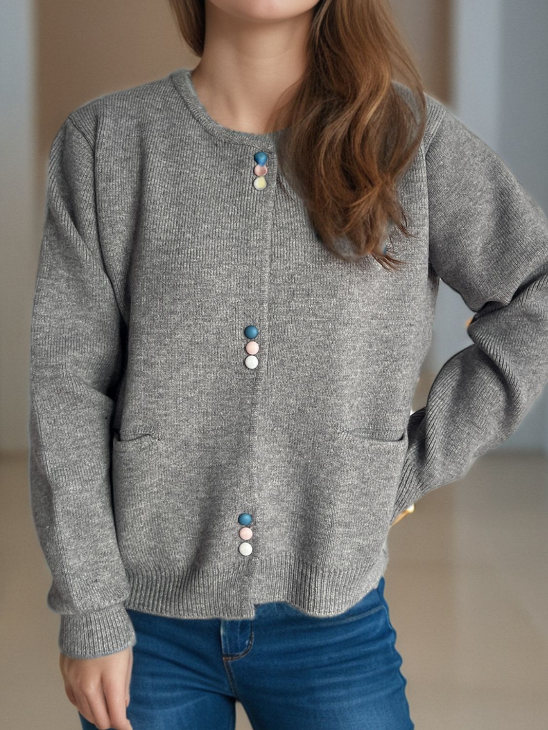 Button Down Long Sleeve Cardigan with Pockets - Charming Charlie