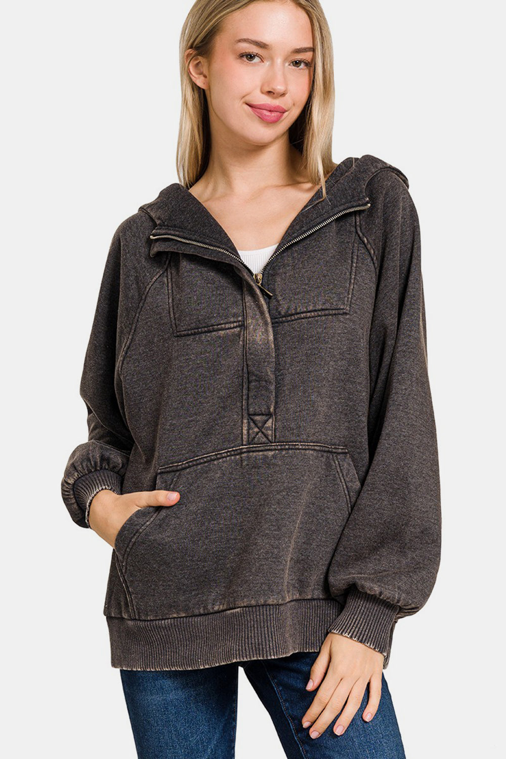 Zenana Acid Wash Fleece Kangaroo Hoodie - Charming Charlie
