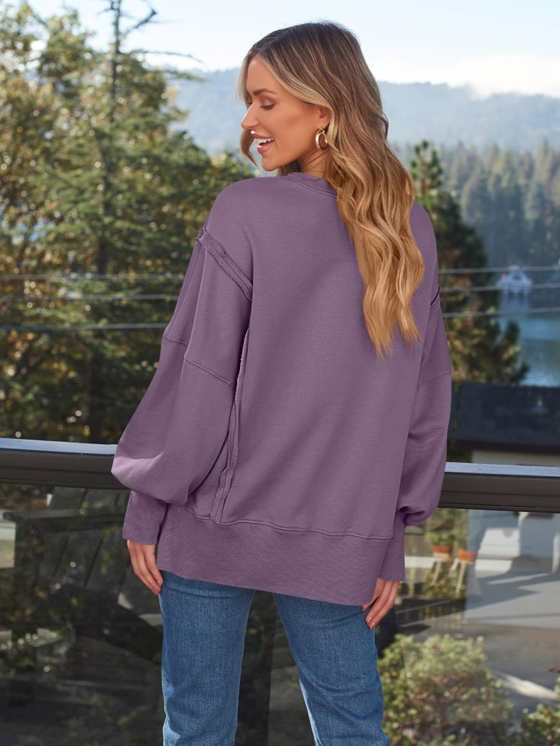 Slit Round Neck Long Sleeve Sweatshirt - Charming Charlie